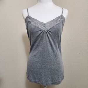 Y2K Babydoll Tank Top Cami Lace Trim  Stretch Large Fitted Elena Preppy Dainty